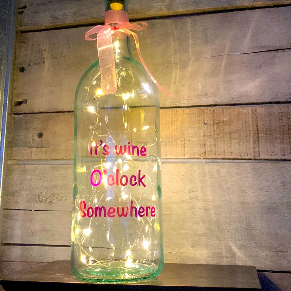 Hand Crafted-‘It’s Wine O’Clock Somewhere’ bottle lantern